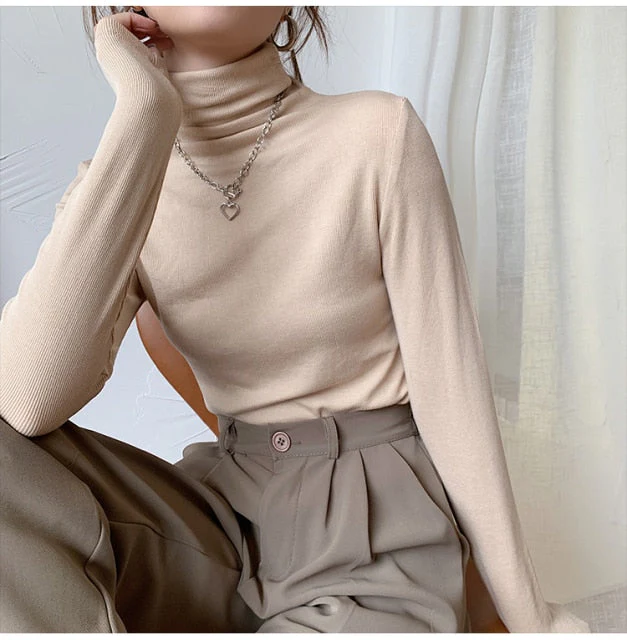 Autumn Women Pullover Tops Female Knitted Sweaters Solid Concise Turtleneck Elasticity Elegant Office Lady Casual All Match - Deanwangkt