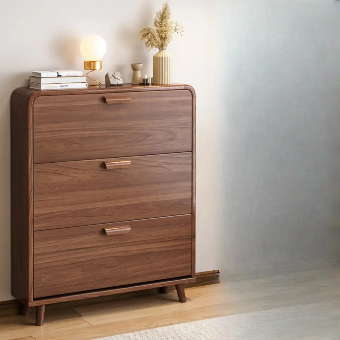 Traditional Hidden Adjustable 3 Tiers Solid Wood Shoe Cabinet