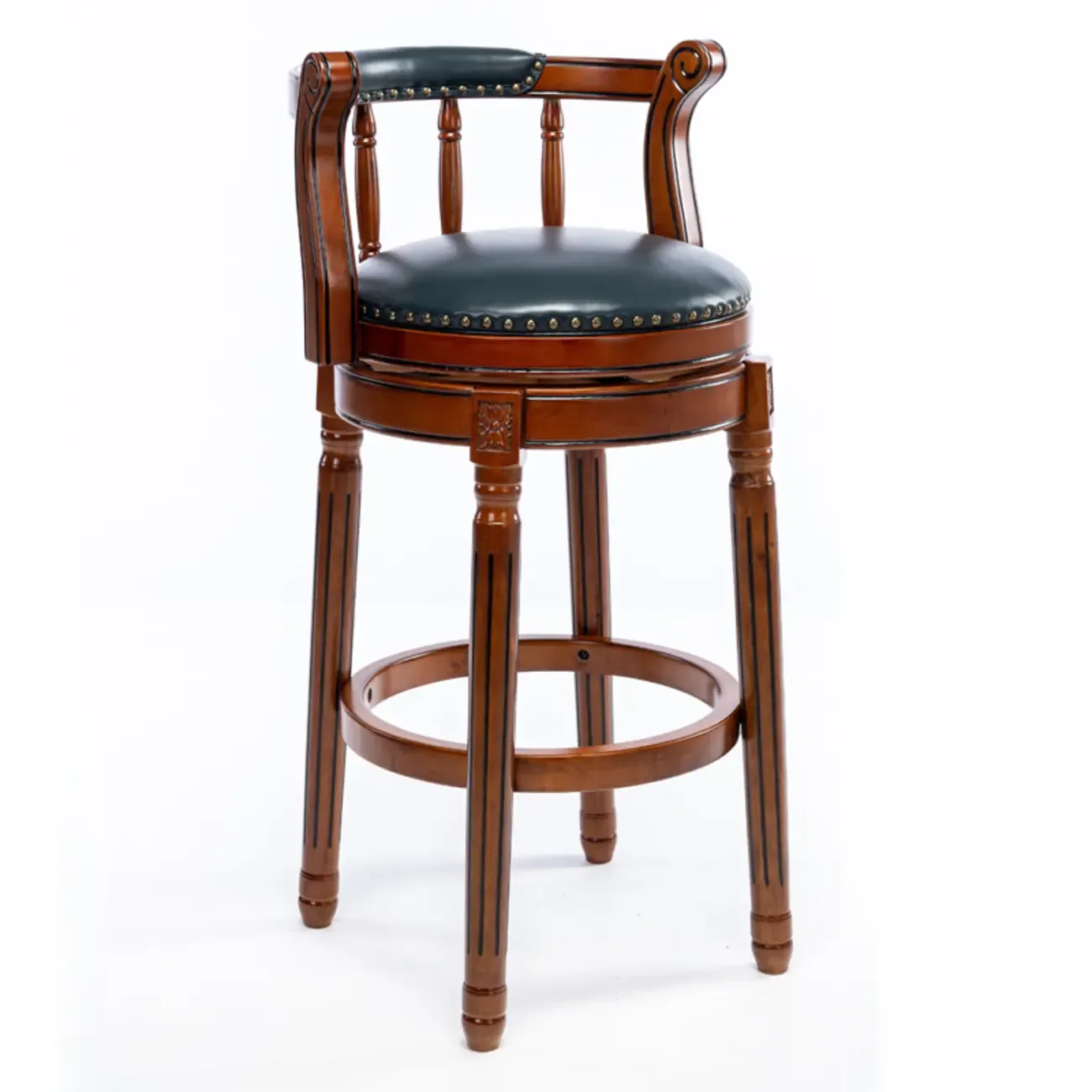 Swivel Counter Height Bar Stools in Genuine Leather & Walnut Solid Wood