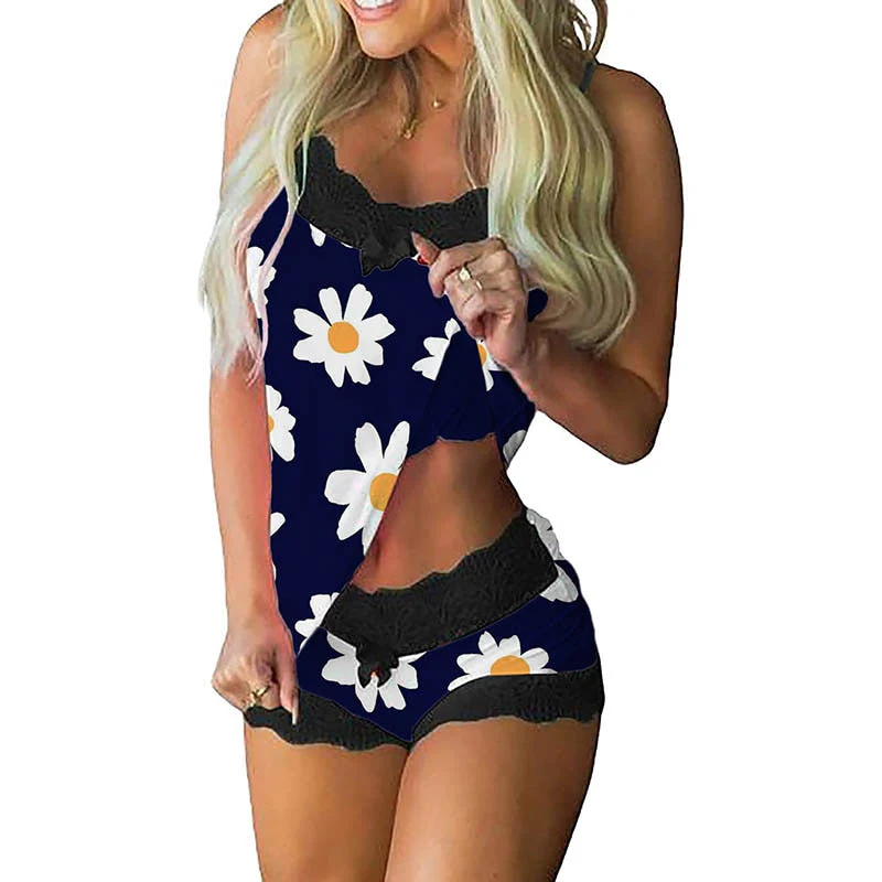 Spring Summer Women Sexy Sling Lace Patchwork Pajamas Set Fashion Casual Sleeveless Tank Shorts Home Set Elegant Lady Sets - Deanwangkt