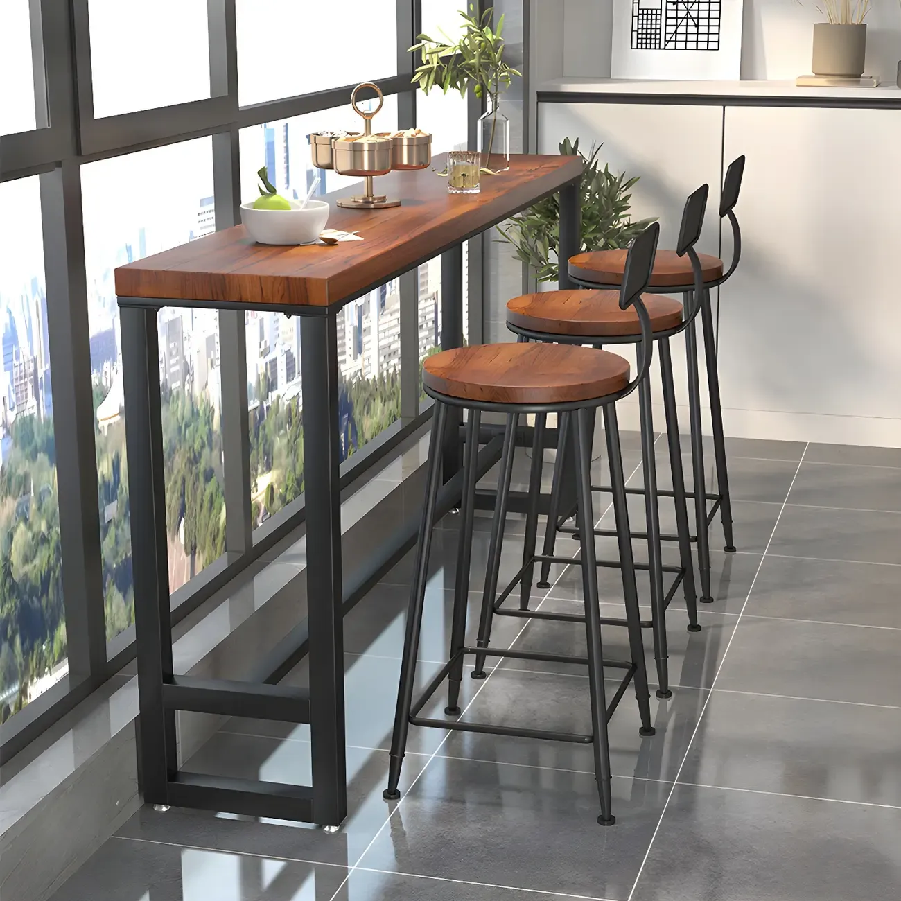 Rectangle Brown Wooden Bar Table With Footrest