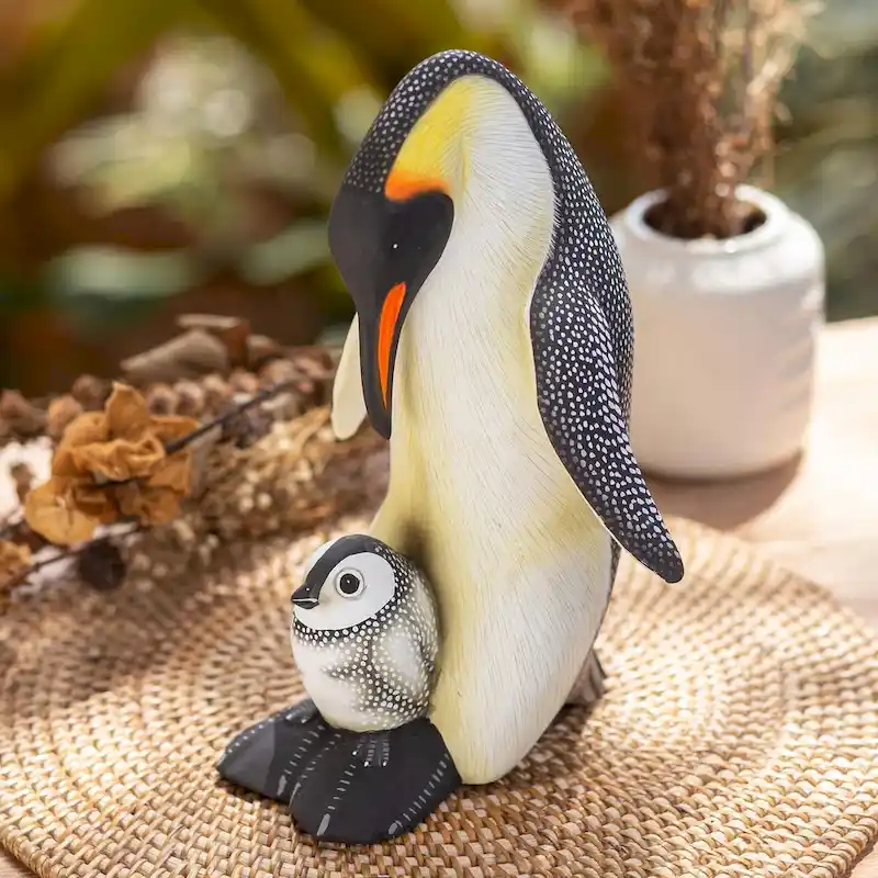 Novica Handmade Penguin Mother And Chick Wood Sculpture