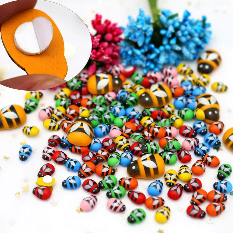 HULIANFU MINI Wood Bee Ladybug Colorful with Glue Home Refrigerator Wall Decoration DIY Handmade Child Gift Party Accessories 50/100pcs - Deanwangkt