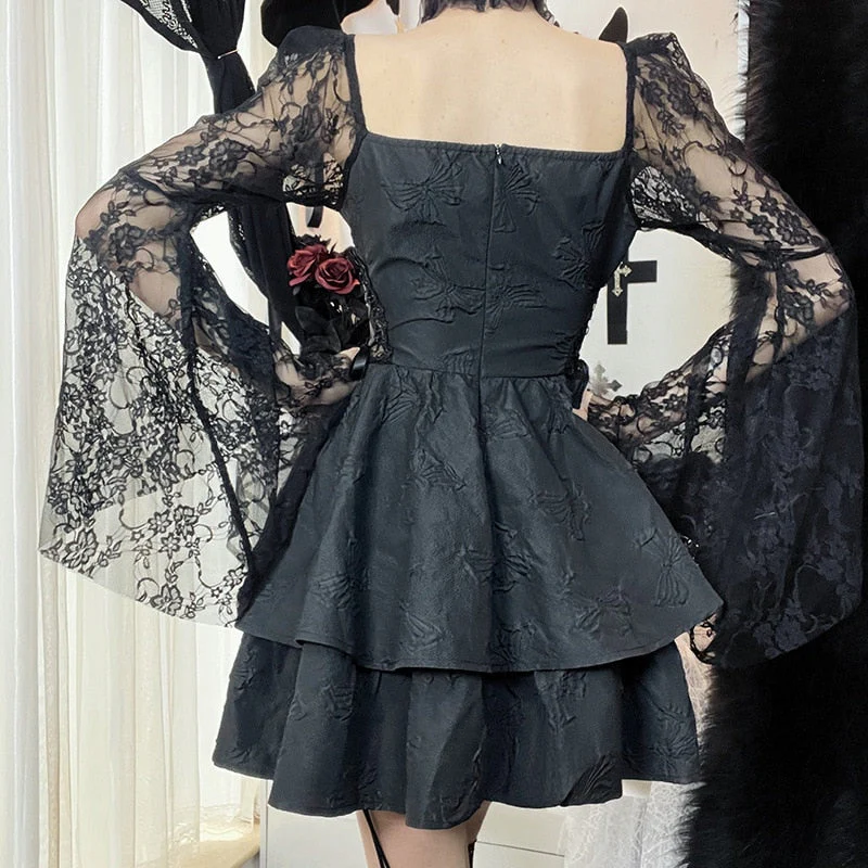 Halter Halloween Cosplay Costumes Gothic Lolita Party Dress White Black Flare Sleeve Fairy Princess Ruffle Cake Kawaii Dresses - Deanwangkt