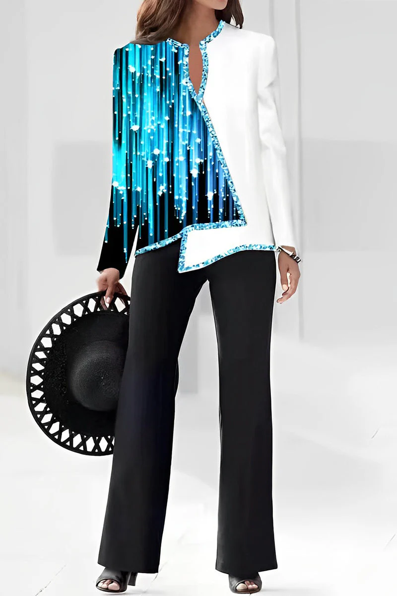 hulianfu Casual Print Asymmetrical V Neck Long Sleeve Two Pieces - Deanwangkt