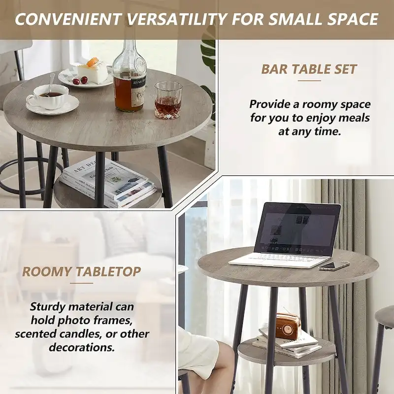 3 Pcs Dining Set, 2-Tier Round Bistro Bar Table & Upholstered Chair
