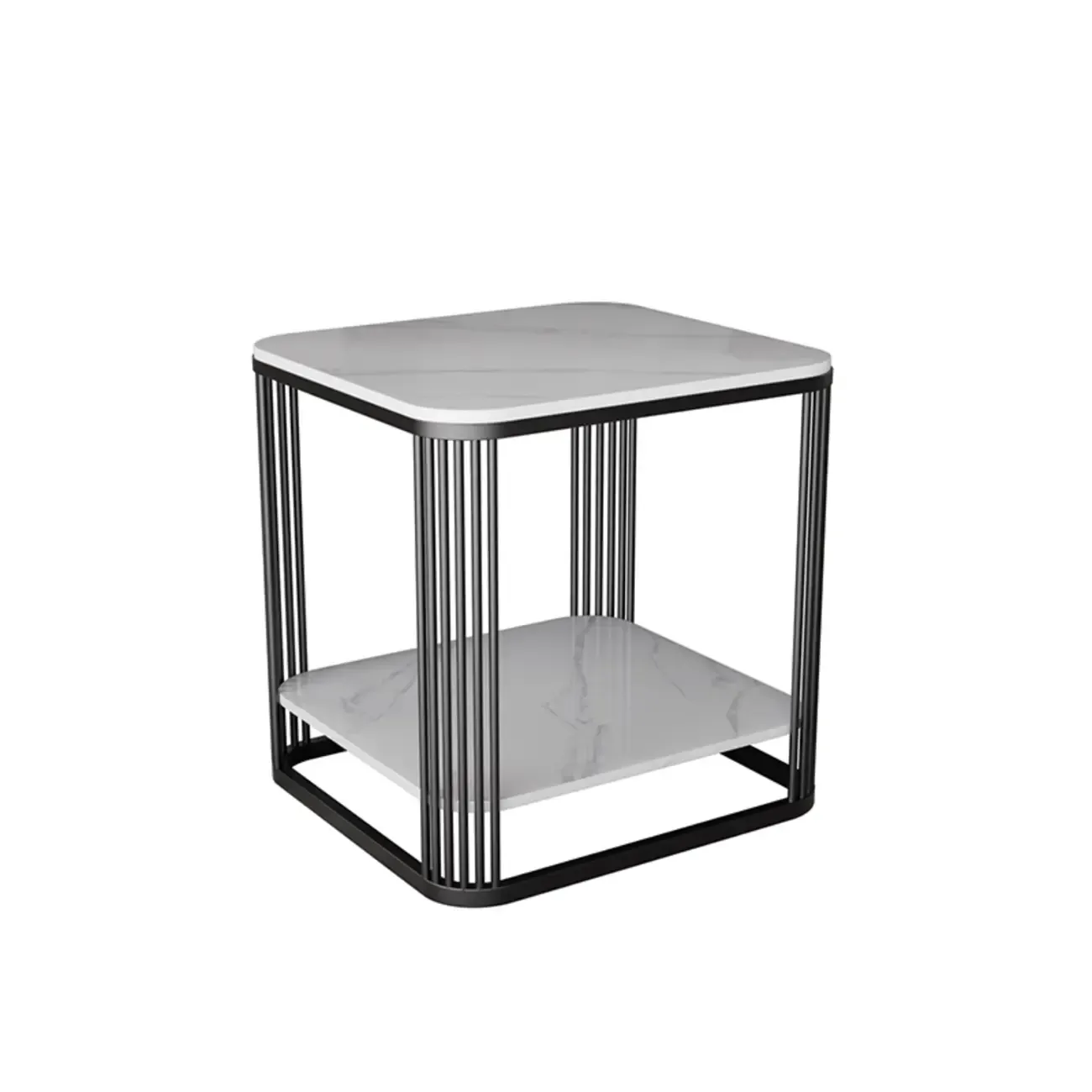 Sleek Square Stone Top Metal Frame Side Table in White/Black