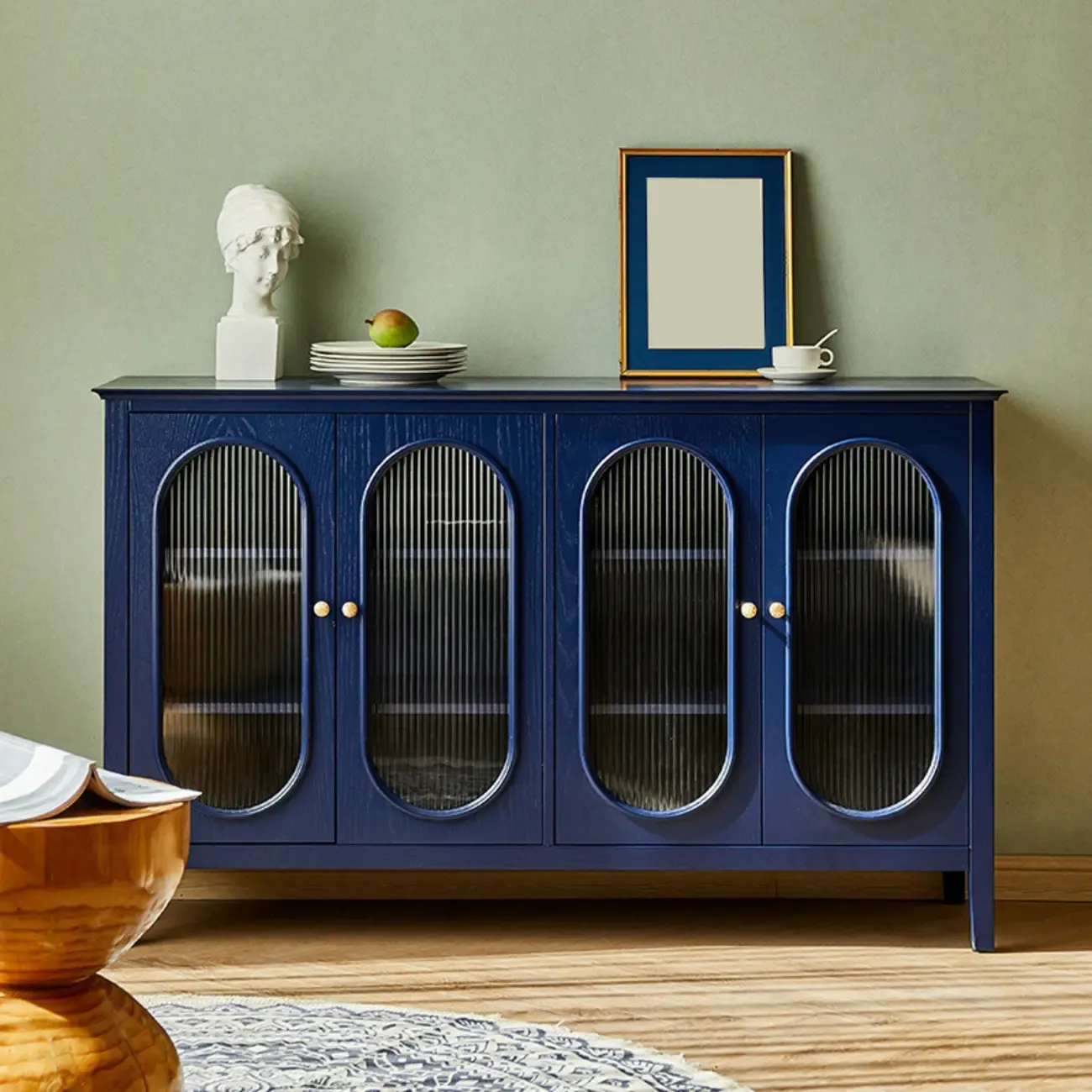 Scandinavian Oak Wooden Oval Fluted Glass Utility Cabinet