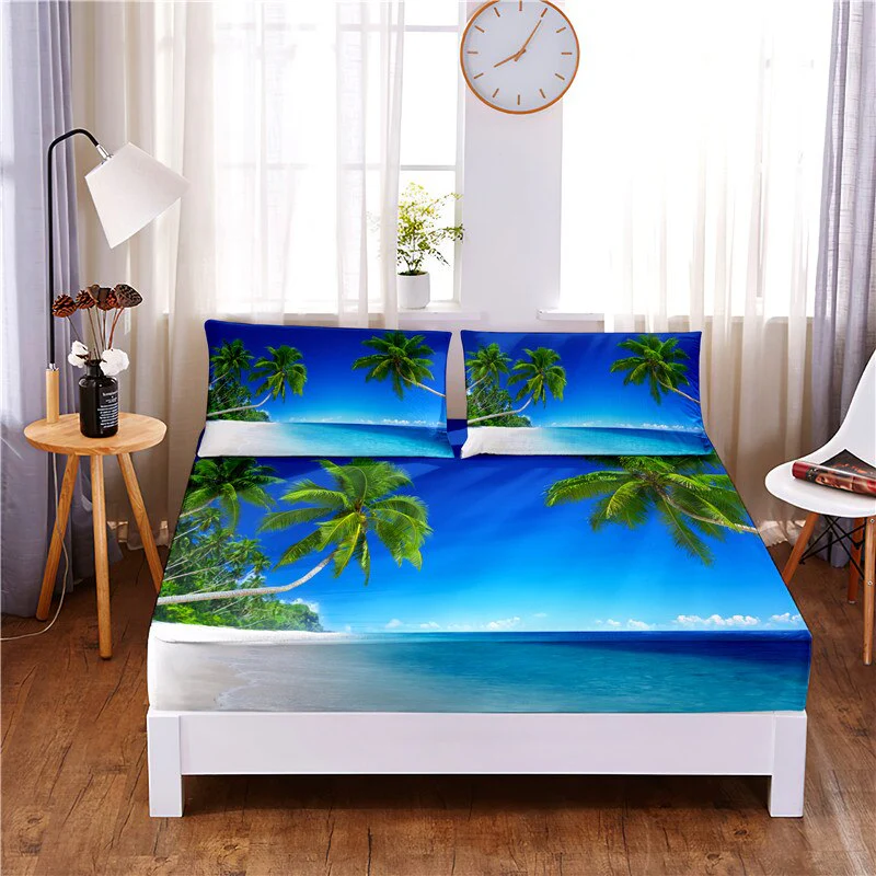 HULIANFU Sunset Beach Digital Printed 3pc Polyester  Fitted Sheet Mattress Cover Four Corners with Elastic Band Bed Sheet Pillowcases - Deanwangkt