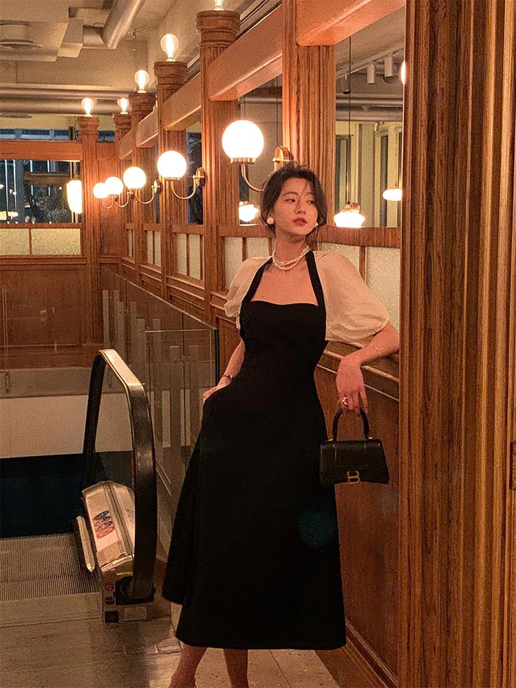 Hulianfu Puff Sleeve Women Elegant Casual Halter Midi Dress Evening Short Sleeve A-Line Party Vestidos Female Fashion Clothes Summer - Deanwangkt