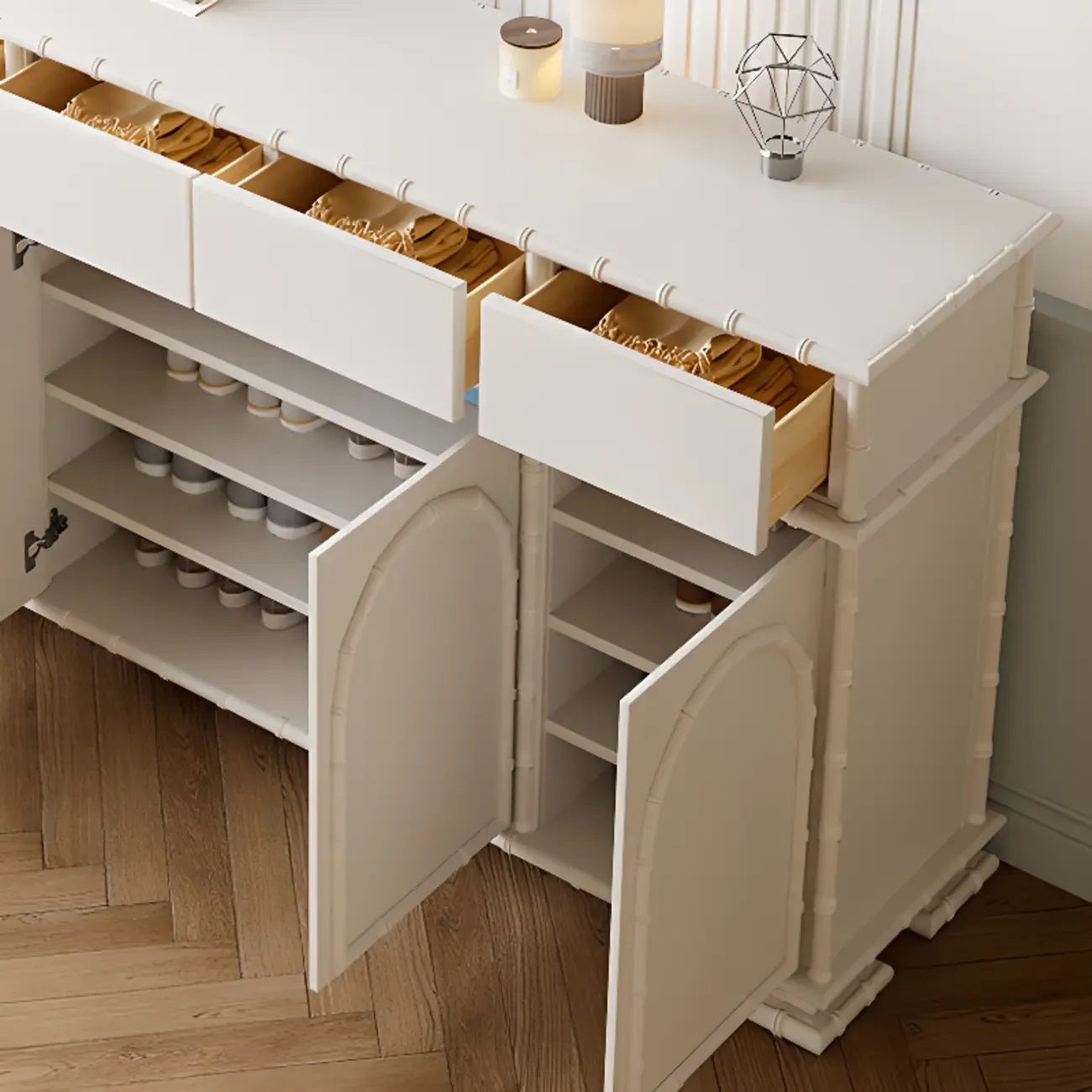 Elegant White Wood Hallway Shoe Cabinet with 4-Drawer