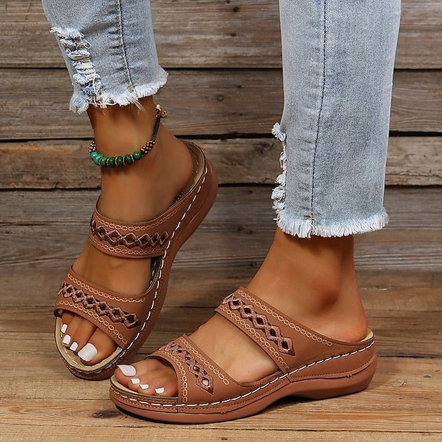 Women's Sandals Slippers Wedge Sandals Comfort Shoes Comfort Sandals Casual Daily Beach Summer Spring Cut Out Embroidery Wedge Heel Round Toe Casual Minimalism Synthetics Loafer Solid Colored Wine - Deanwangkt
