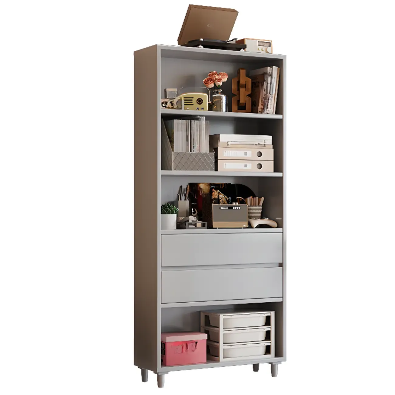 Spacious Versatile Vertical Brown Wood Bookcase with Drawers