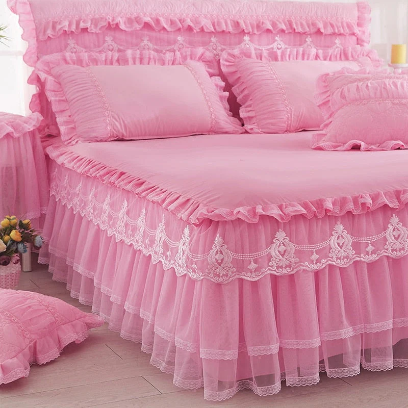 HULIANFU  1 Piece Lace Bed Skirt +2pieces Pillowcases bedding set Princess Bedding Bedspreads sheet Bed For Girl bed Cover King/Queen size - Deanwangkt