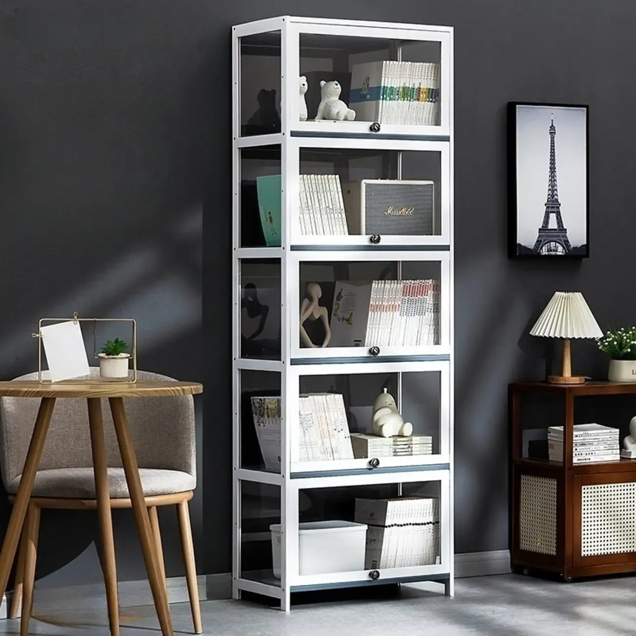 Modern White Bamboo Flip-Up Glass Display Cabinet