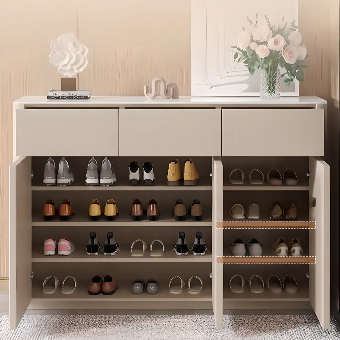 Modern Metal Shoe Cabinet with Khaki Finish