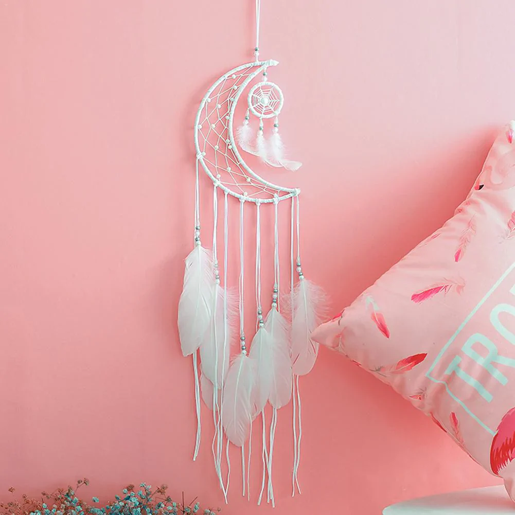 HULIANFU New Indian Style Dreamcatcher Moon Handmade Wind Chimes Wall Ornament Girls Room Decoration Feather Dream Catcher - Deanwangkt