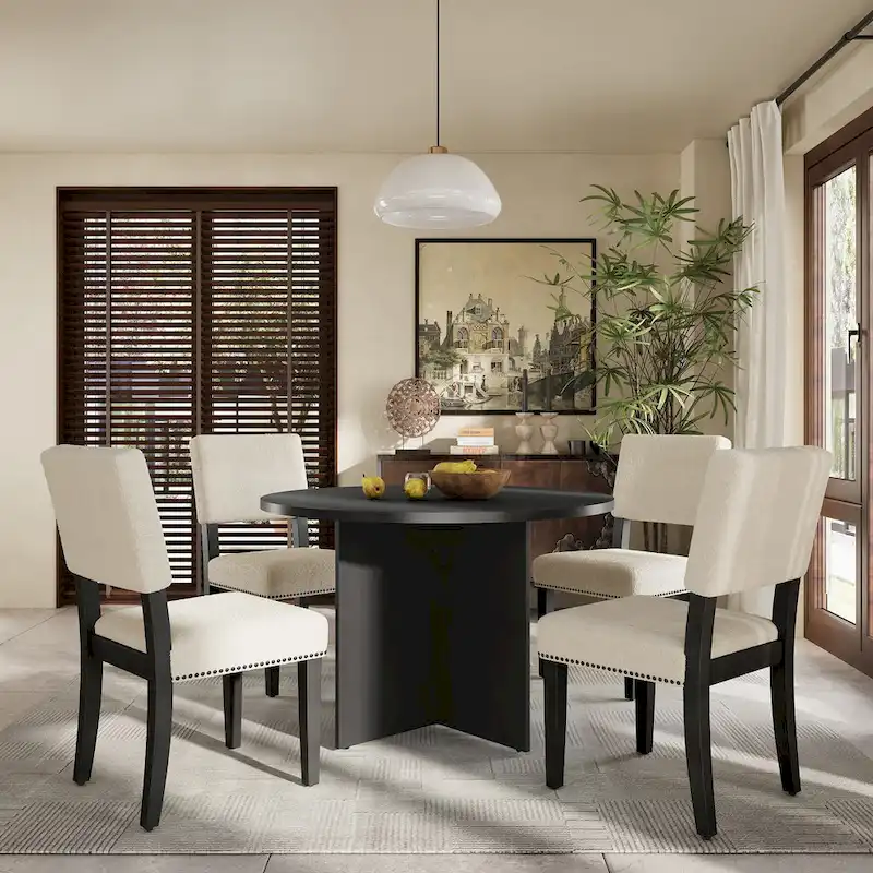 Farmhouse Style 5-Piece Wooden Dining Set with Round Table and 4 Lambswool-like Fabric Upholstered Chairs