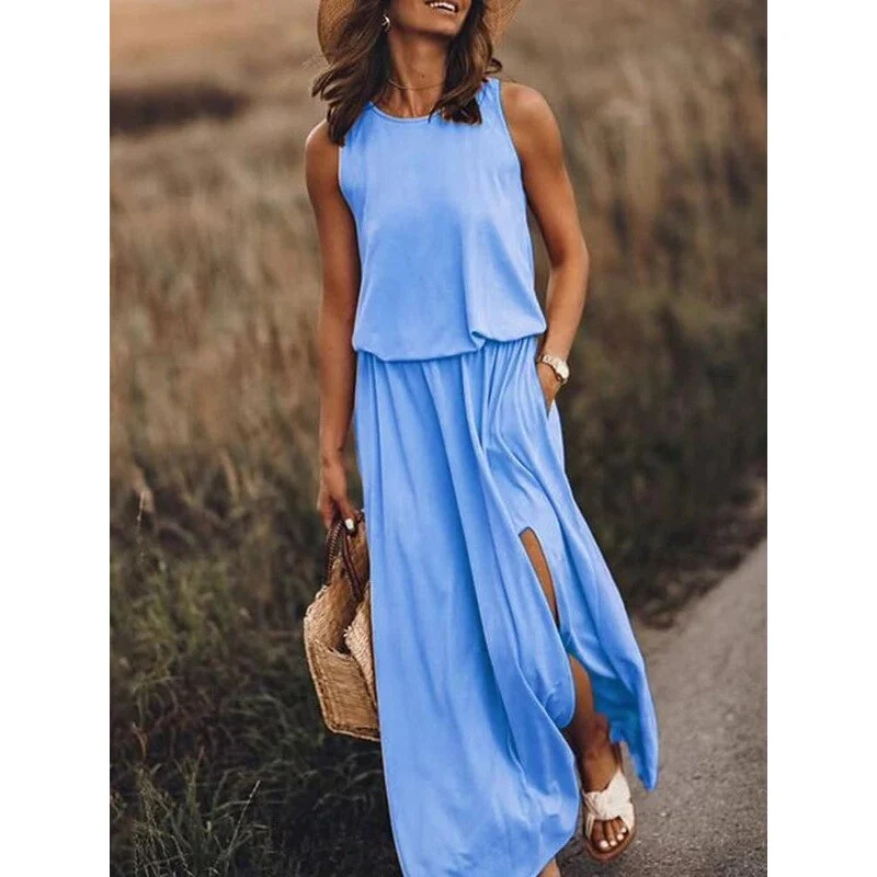 hulianfu Summer Solid Long Dress Women Casual Sleeveless Elastic Waist Side Slit Maxi Dresses Female O-Neck Loose Tank Dress Sundress - Deanwangkt