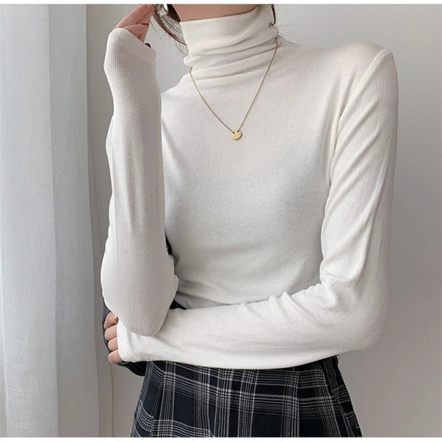Autumn Women Pullover Tops Female Knitted Sweaters Solid Concise Turtleneck Elasticity Elegant Office Lady Casual All Match - Deanwangkt
