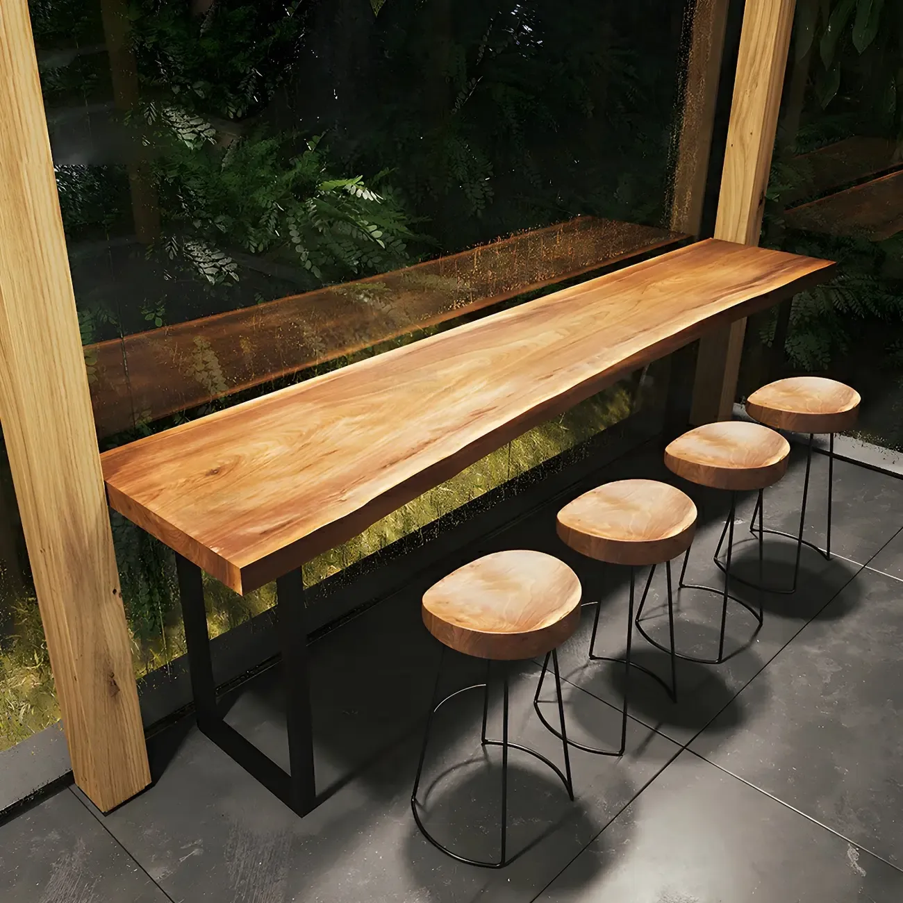 Scandinavian Brown Wooden Black Metal Base Bar Tables