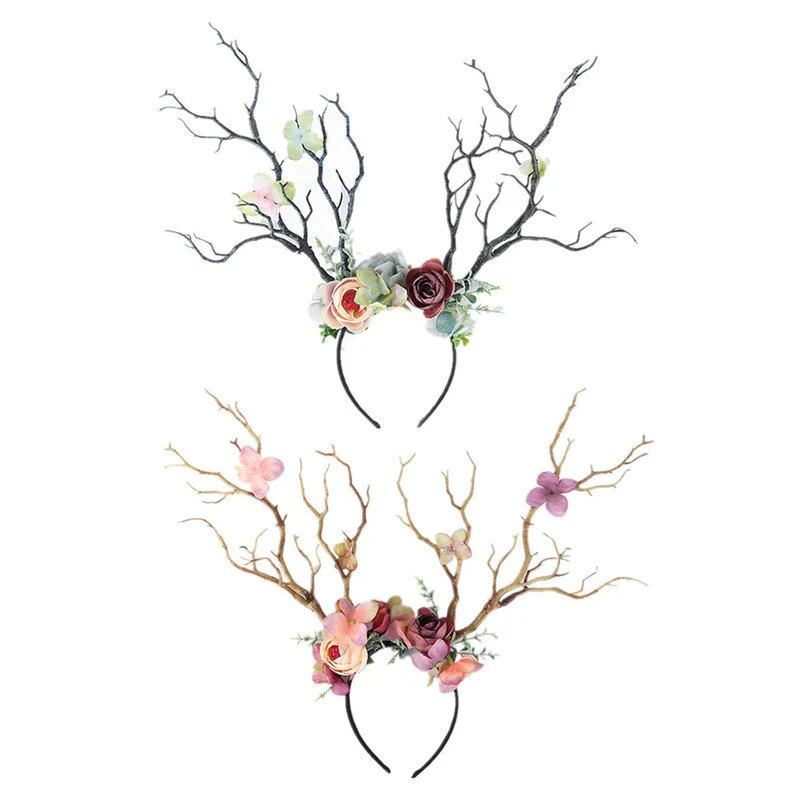 HULIANFU 2026  Christmas Headband Antlers Deer Horns Fairy Tale Flower Tree Branch Retro Hair Hoop Crown Festival Party Props Xmas Costume - Deanwangkt