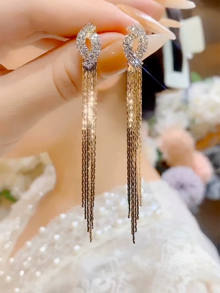 Premium chain long fringed earrings women's double C cross pure silver needle earrings temperament light luxury face thin earrings - Deanwangkt
