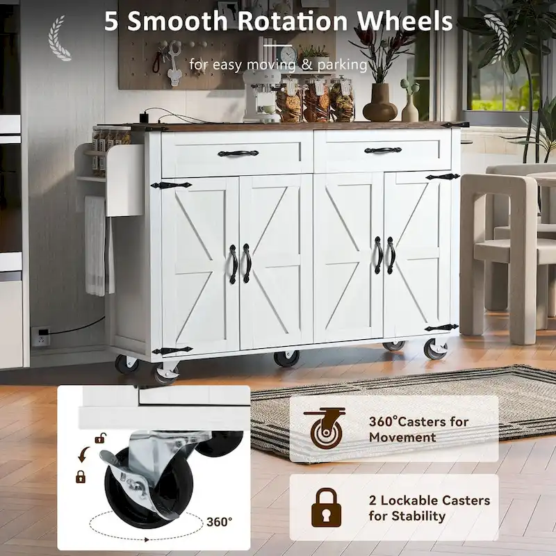 53.5 in. W Farmhouse Rolling Kitchen Island Cart with Drop Leaf and Power Outlet