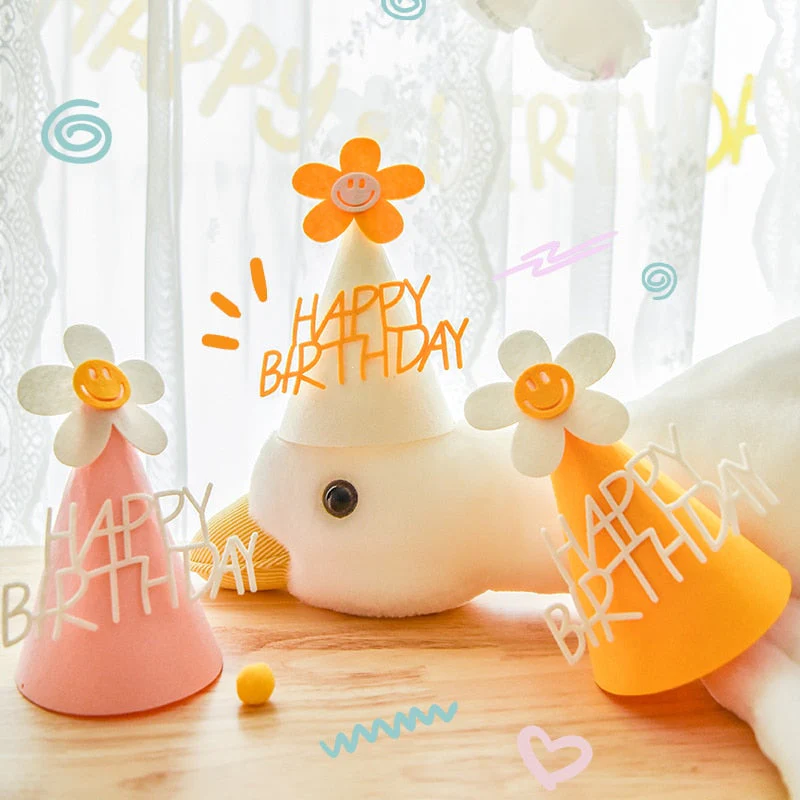 HULIANFU ins Kids Yellow Flower Birthday Hat Little Daisy Party Hat Baby Shower Headwear White Happy Birthday Smile Headband - Deanwangkt