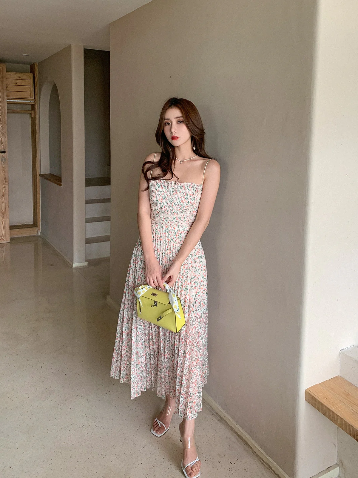 French Style Summer Vintage Floral Pleated Dress Women Spaghetti Strap High Waist Pleated Beach Dress - Deanwangkt