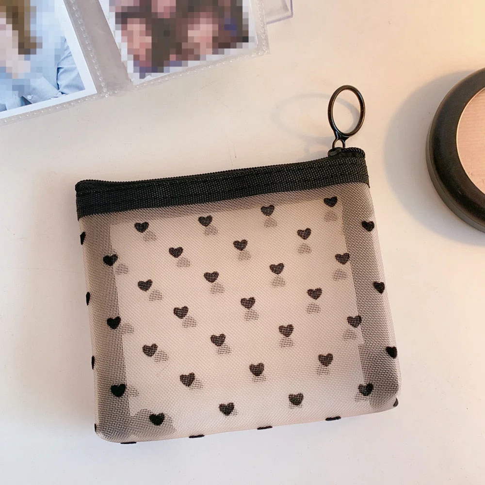 HULIANFU Mesh Cosmetic Makeup Bags Case Holder Cute Transparent Zipper Black Heart Printed Pencil Pen Case Pouch Convenient To Carry - Deanwangkt