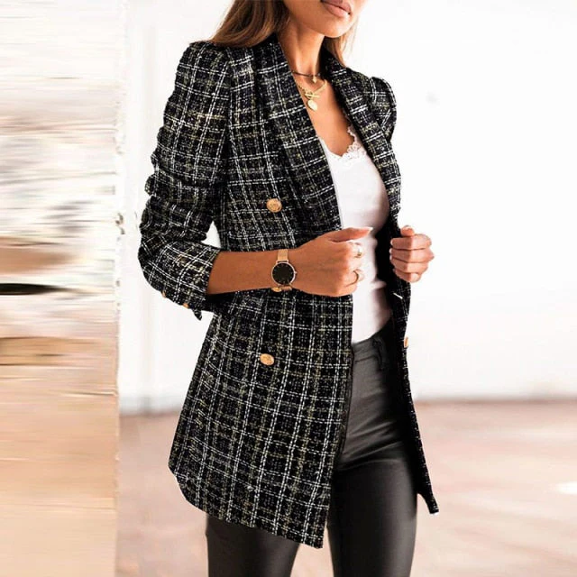 Demaifashion Slim Blazer Women Vintage Print Long Sleeve Button Veste Femme Casual Business Jacket Coat Office Ladies Suits Tops - Deanwangkt