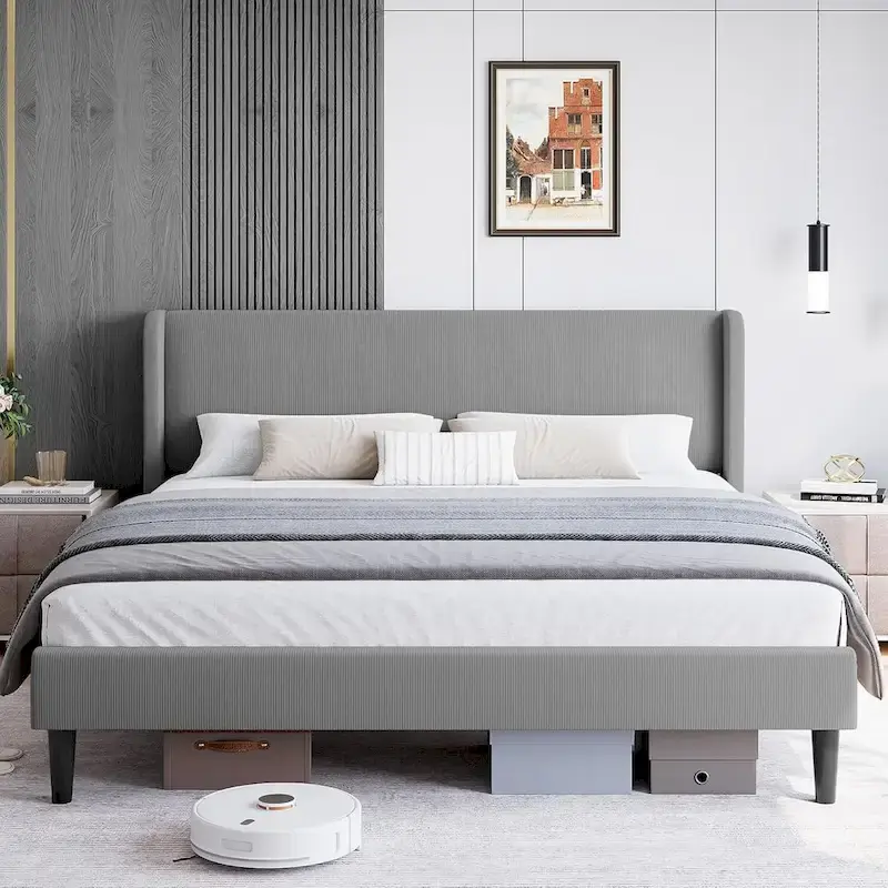 Wooden Bed Frame with Upholstered Headboard