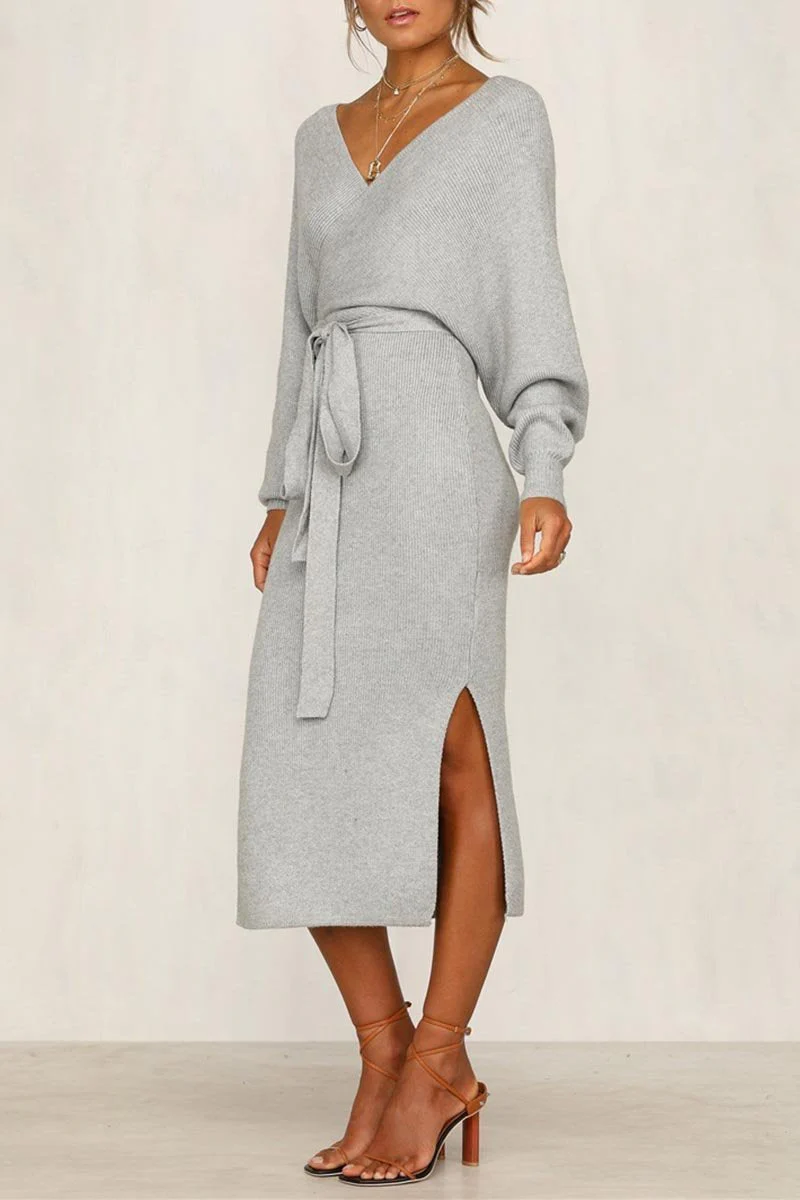 hulianfu hulianfu V Neck Backless Sweater Dress(5 Colors) - Deanwangkt