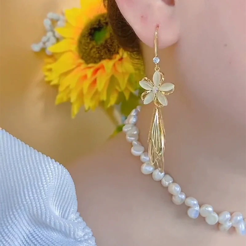 Atmospheric high-end opal flower leaf fringed earrings women's new trendy temperament long ear hook light luxury earrings - Deanwangkt