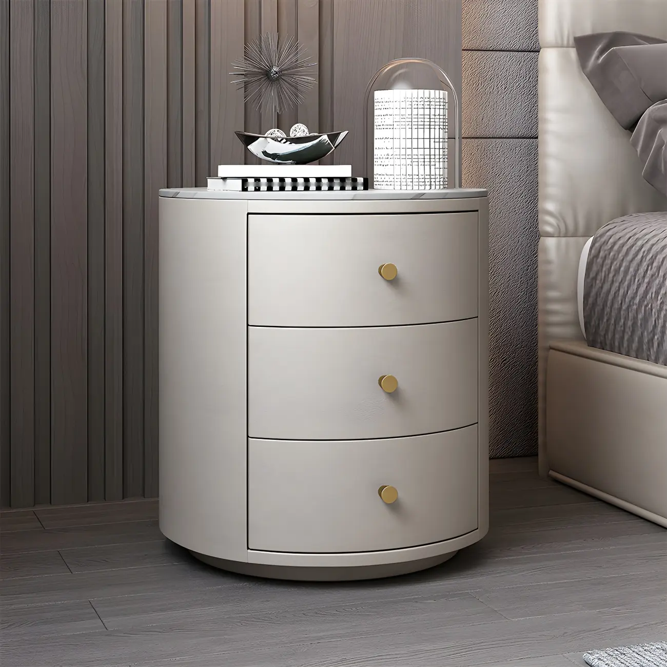 Modern Faux Leather Round Bedside Table with Two Drawers in Grey