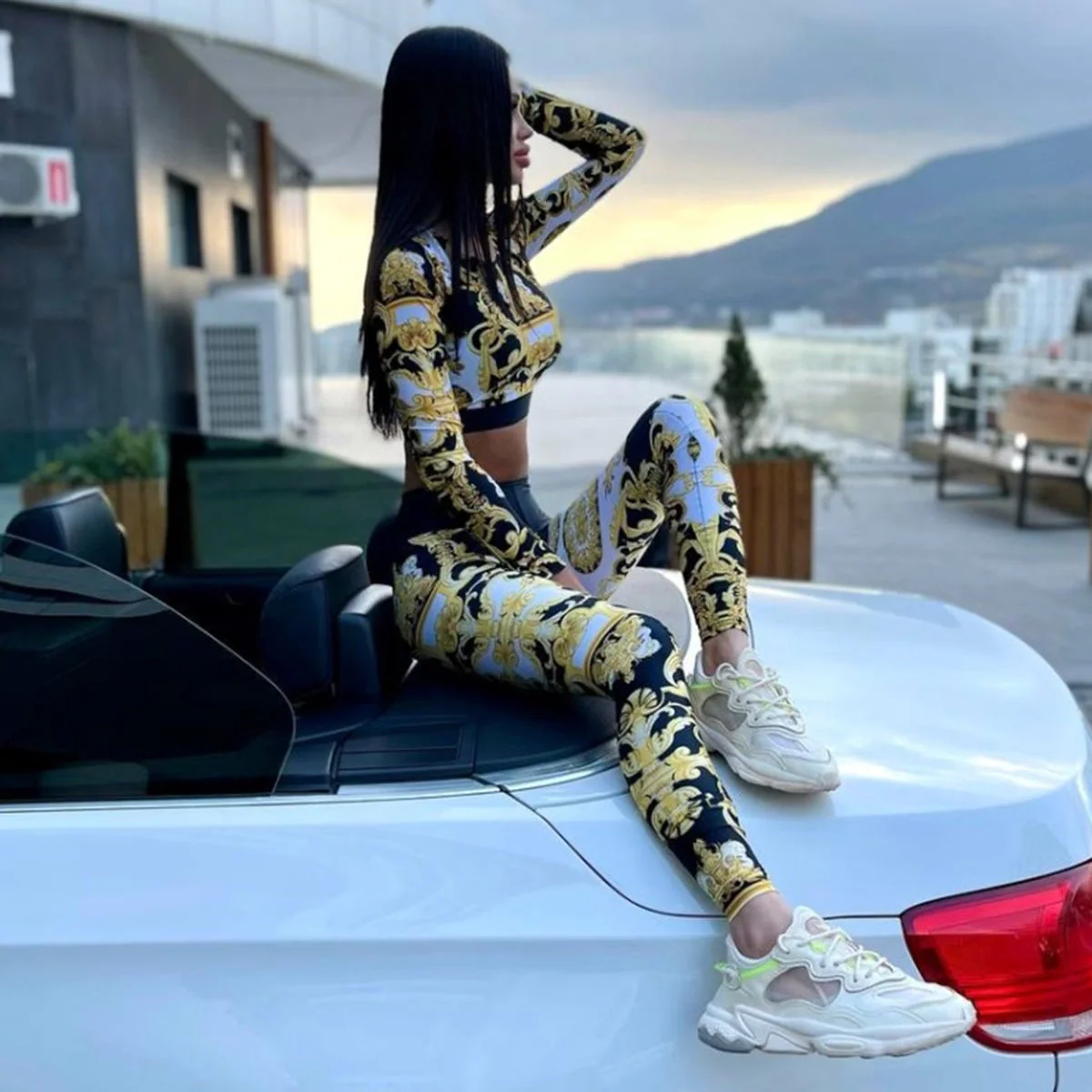Fashion Women Sexy Long Sleeve Casual Suit Vintage Print Crop Top&Leggings Hight Waist Fitness Breathable Outfit - Deanwangkt