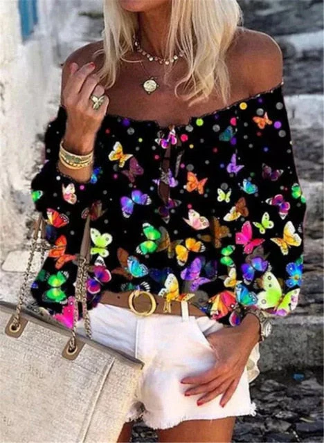 Sexy Women Spring Autumn Ruffles Chiffon Tops Tees Floral Plus Size Belt Off Shoulder Casual Femme Blouse Shirt Befree Boho - Deanwangkt