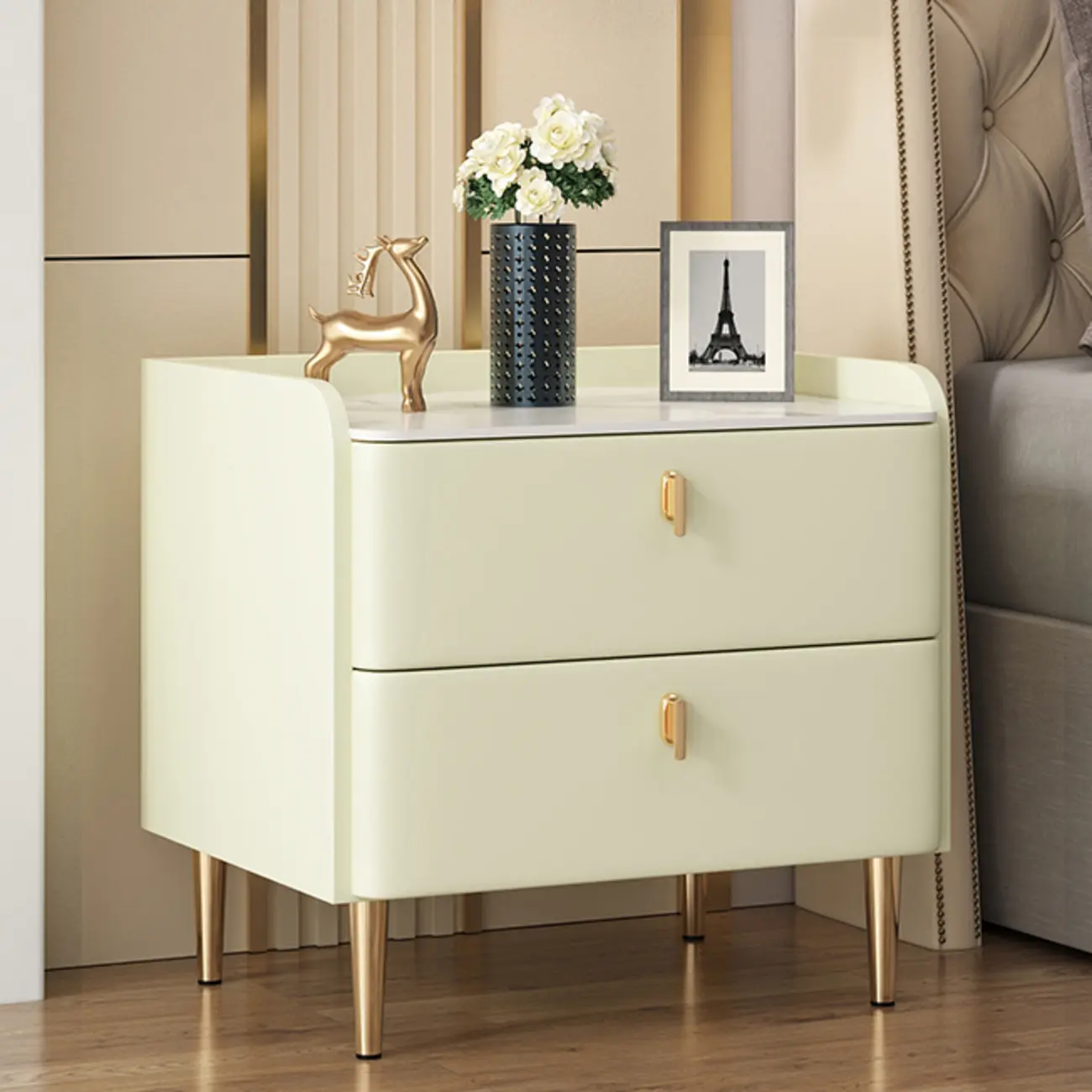 Trendy Stone Leather Gold Accents 2-Drawer Nightstand