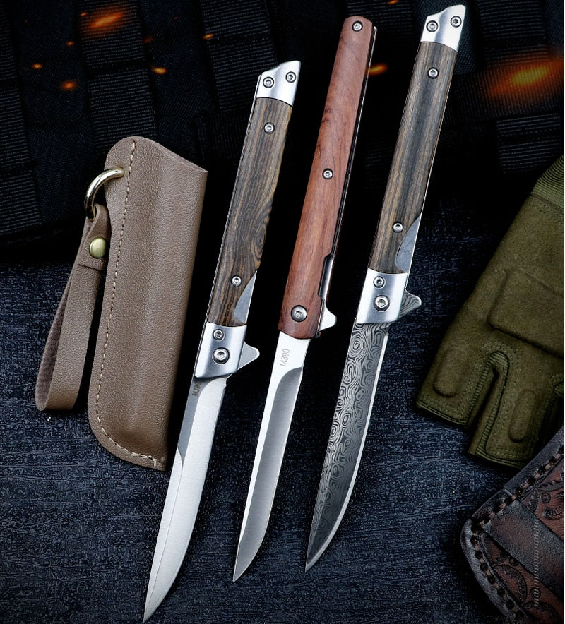 HULIANFU M390 Steel Folding Knife with Holster Wooden Handle Damascus Pattern High Hardness Outdoor Hunting Knife  Camping Survival Tools - Deanwangkt