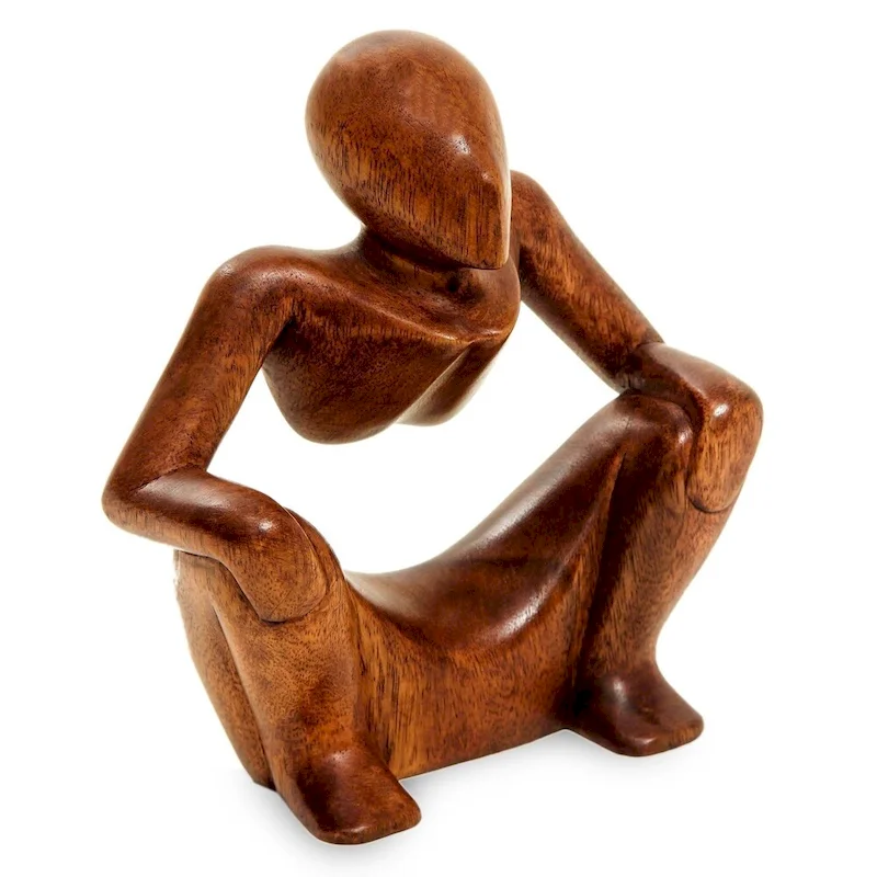 NOVICA Handmade Seated Man Modern Wood Sculpture (Indonesia) - 8.25  H x 7  W x 2.8  D