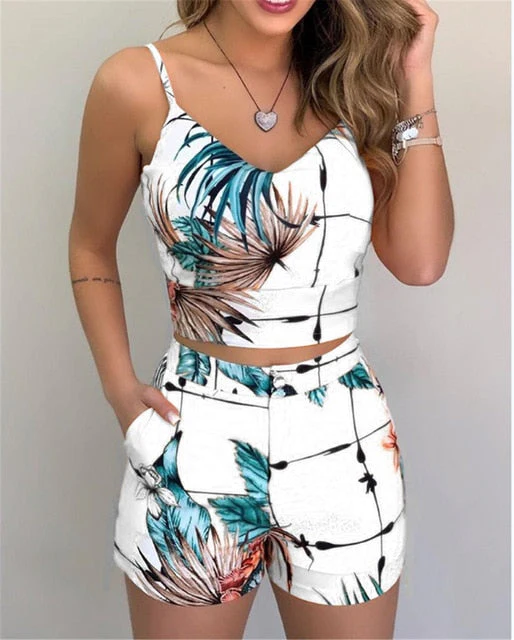 Fashion Women Shorts Suits 2Pieces Sets Summer Office Lady Floral Strap Tank Crop Top+High Waist Button Shorts Female Outfits - Deanwangkt