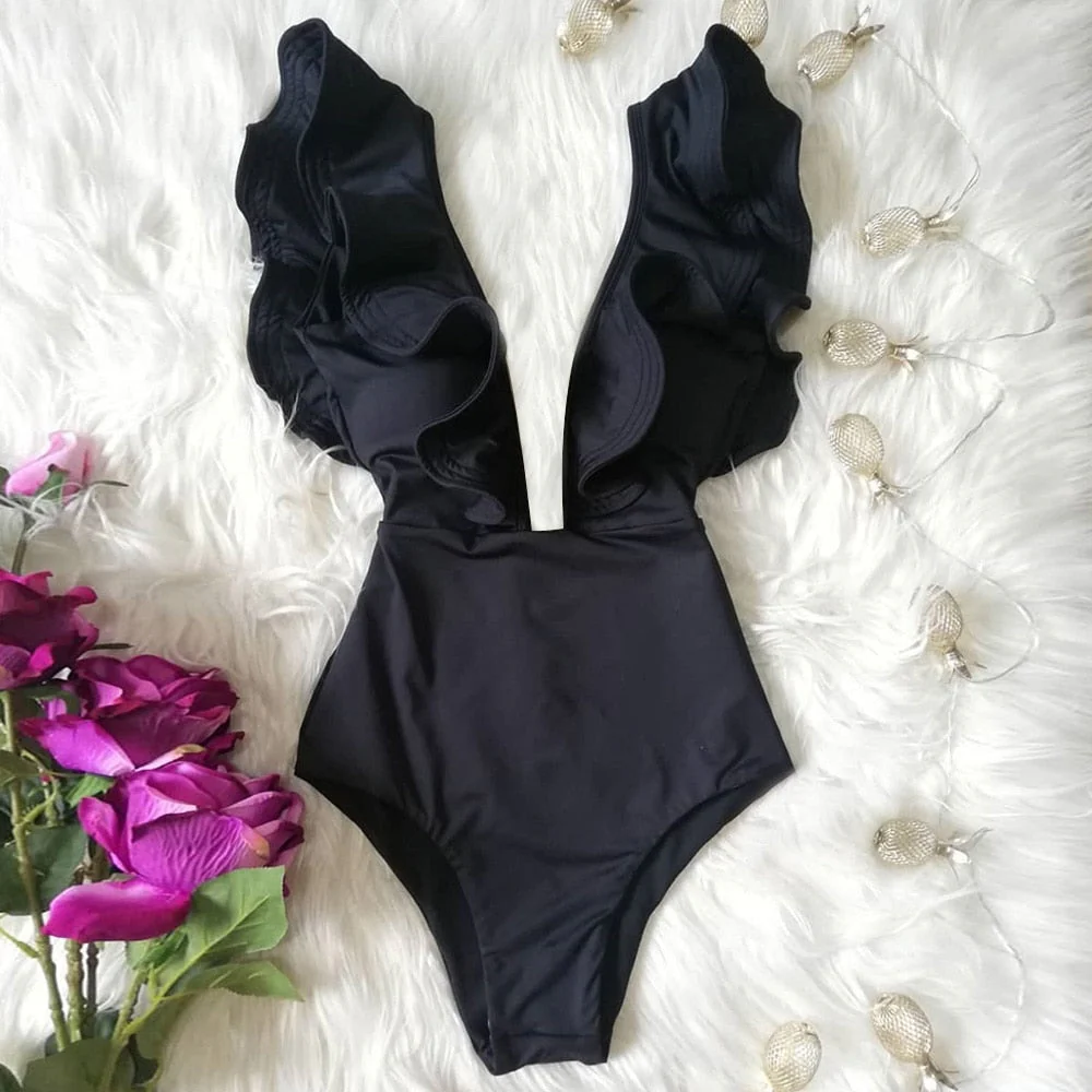 New Sexy Ruffle Print Floral One Piece Swimsuit Off The Shoulder Swimwear Women Solid Deep-V Beachwear Bathing Suit Monkini - Deanwangkt