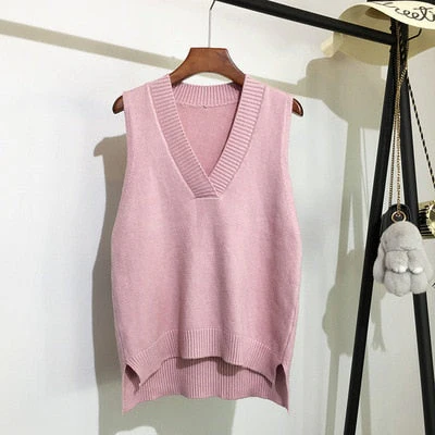Autumn Women's Sweater Vest V-neck Sleeveless Irregular Casual Loose Knitted Pullover Tops Female Outerwear - Deanwangkt
