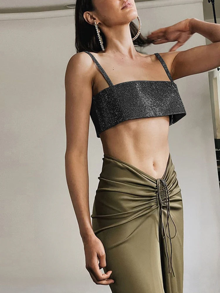 Glitter Tube Tops Sexy Sleeveless Vest Women Crop Top Party Off Shoulder Backless Top Bright Slik Summer Y2K Tank Tops Pink - Deanwangkt