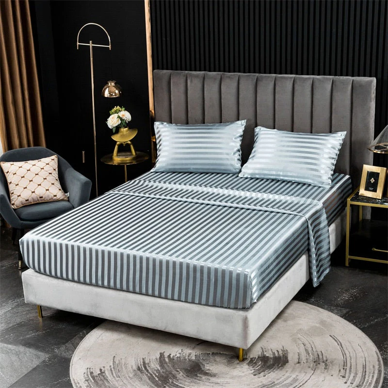 HULIANFU Luxury Jacquard Satin Stripe Silk Bed Sheet Set King Size High End Soft Smooth Queen Fitted Sheets with Elastic Band Bedsheet - Deanwangkt