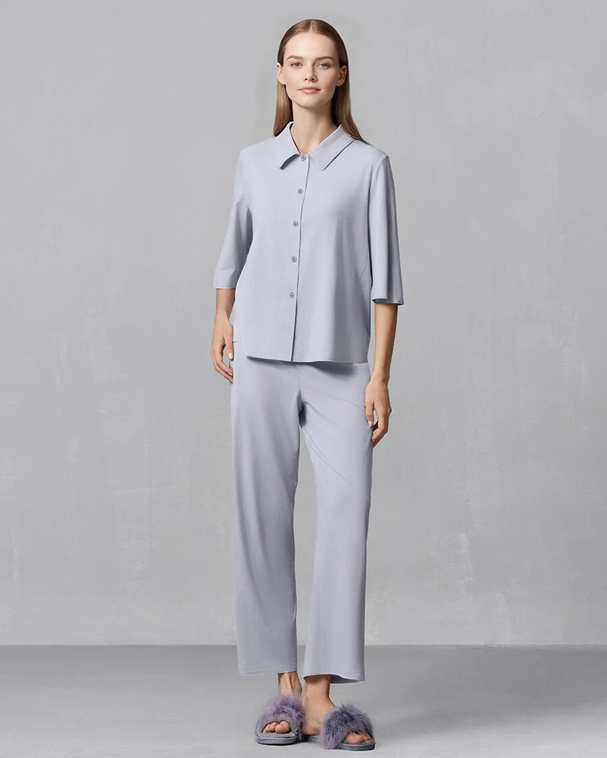 Modal drapey skin-friendly cotton lapel loungewear set for women, loose breathable seaweed-fiber cropped-pants pajama set