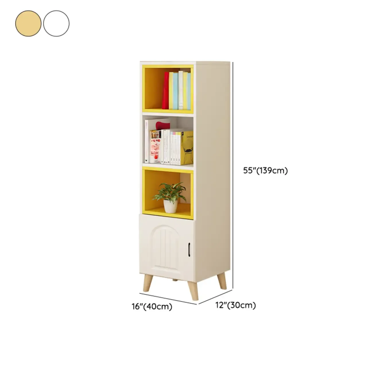 Wood 3-Tier White and Yellow Cube Bookcase with Cabinet