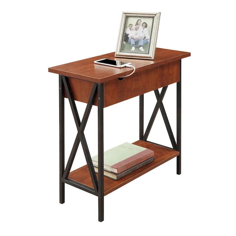 Tucson Flip Top End Table with Charging Station and Shelf