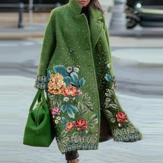 Autumn Winter Long Sleeve Pocket Green Outwear Casual Loose Blend Wool Long Overcoat Women Vintage Button Cardigan Tops Jackets - Deanwangkt